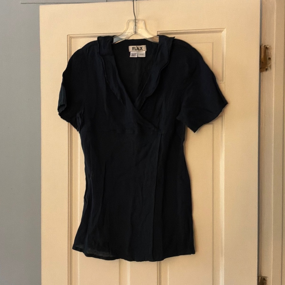 FLAX Navy Blue 100% Linen Ruffle Blouse Top Small 6 8 10 Lagenlook Coastal